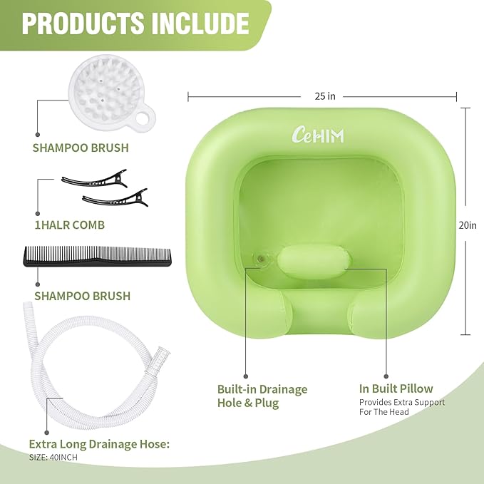 Inflatable Shampoo Basin - Portable Shampoo Bowl, Hair Washing Basin for Bedridden, Disabled,Injured, Hair Wash Tub for Dreadlocks and at Home Sink Washing (Green)