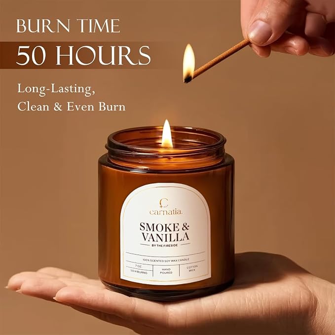 Carnatia Smoke & Vanilla Scented Candle – 7 oz | 100% Soy Wax with Cotton Wick | 50 Hour Burn | Aromatherapy Candle for Home, Cozy Mood & Relaxation | Gift for Women & Men