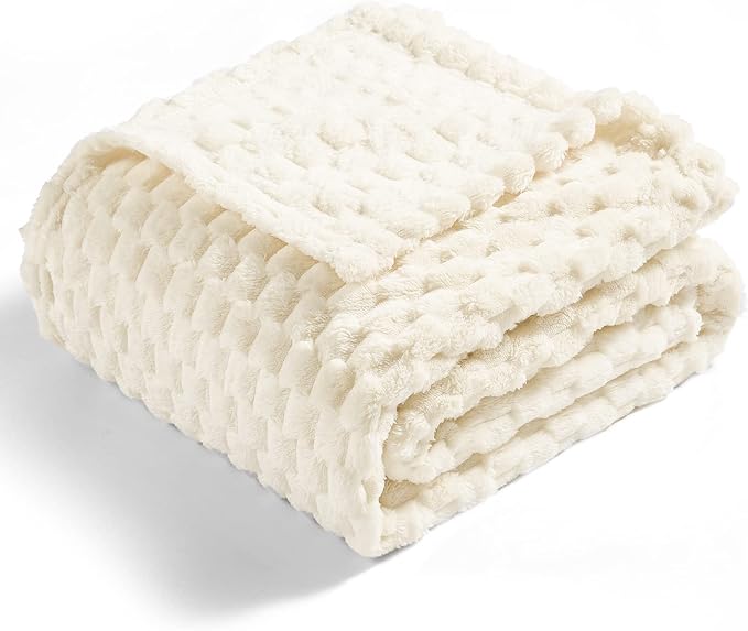 Vessia Flannel Fleece Throw Blanket(50x70 inch), 3D Jacquard Cream Fuzzy and Warm Blanket for Couch,Sofa,Bed,Chair, 300GSM Super Soft Touch Cozy Lightweight Throw for All-Season Home Decor