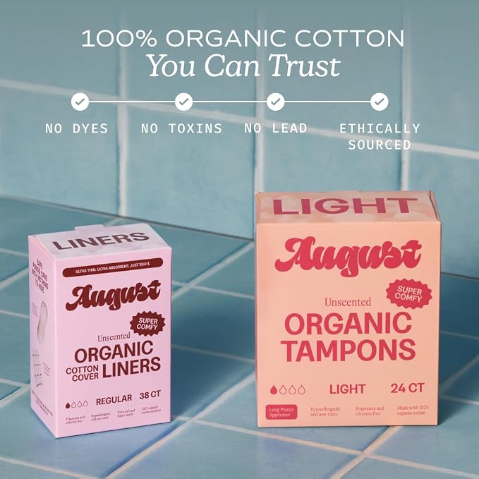 August Light Tampons - Easy-Glide Long Applicators - 72-Pack 100% Organic Cotton Tampons for Women, Non-Toxic, Fragrance-Free, and Hypoallergenic (3 Boxes of 24)