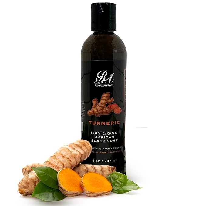 RA COSMETICS Liquid African Black Soap with Turmeric – Traditional West African Cleanser with Shea Butter & Coconut Oil – Face, Body & Hair Wash for Daily Use – No Artificial Fragrances – 8oz