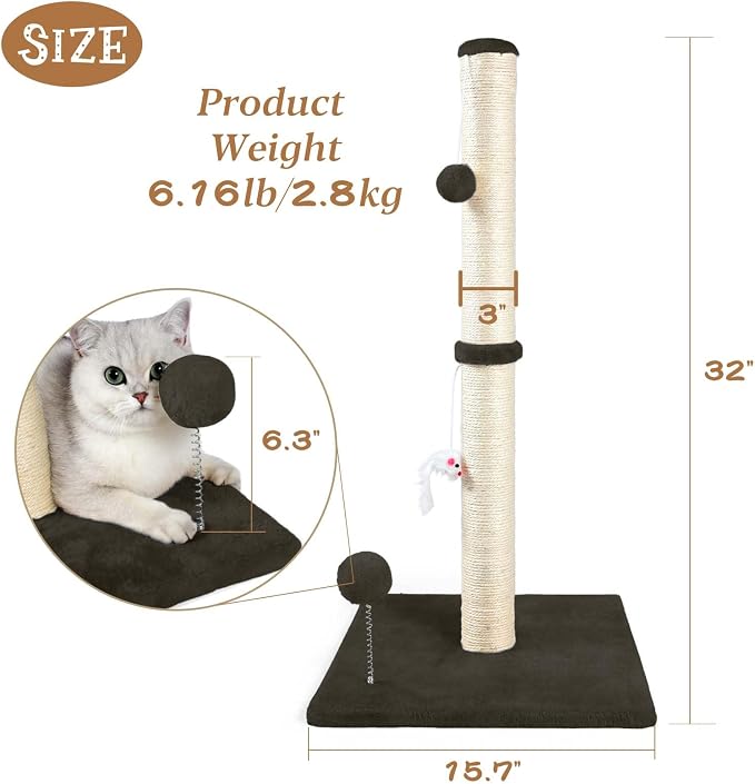 ANWA 32" Tall Sisal Cat Scratching Posts Tree for Indoor Cats Adults, Brown | Sisal Cat Scratcher, Small Space, Cat Post with Dangling Plush Toys for Indoor Cats, 15.7" Stable Base, Cat Furniture