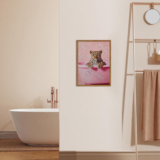 Funny Cheetah Bathroom Wall Art, Pink Leopard in Bathtub Wall Decor Paintings, Cute Animal Bathroom Poster Canvas Prints Maximalist Dopamine Girl Washroom Artwork 12x16 inch Framed