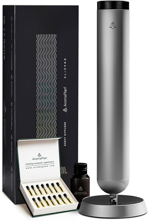 AromaPlan 5-Star Collection Cold Air Diffuser (Fragrance &Sample Set Included) –Recharchable Waterless Diffuser,Brushed Aluminum Body | Remote &Touch Control | Silent,Energy-Saving, 1-Week Battery, Si