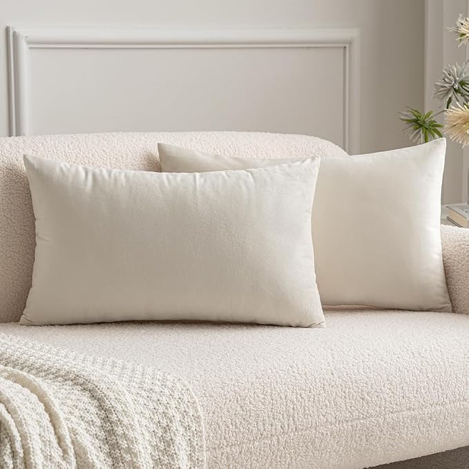 MIULEE 12x20 Inch Lumbar Velvet Throw Pillow Covers Cream White | Pack of 2 Soft Solid Decorative Pillow Covers, Modern Luxury Home Decor, for Chair Couch Sofa Bedroom Livingroom