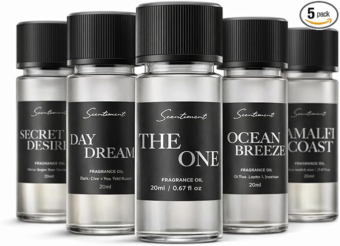 Scentiment Luxury Hotel Scents – 5 Diffuser Oil Set | Secret Desires, Day Dream, The One, Ocean Breeze & Amalfi Coast | Fresh Floral, Woody & Citrus Scents Home Fragrance Oils 5 x 0.68 fl oz (20 mL)