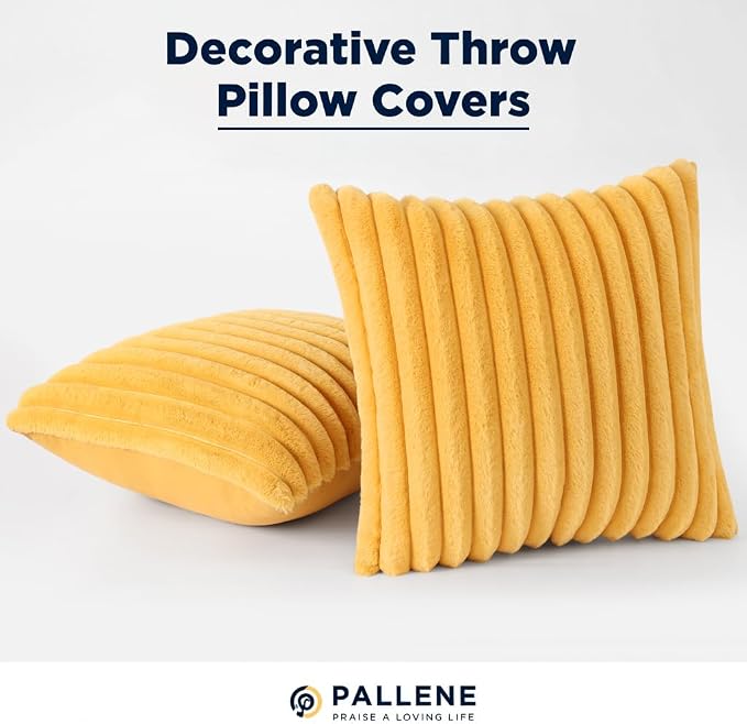 Pallene Faux Fur Decorative Throw Pillow Covers 24x24 Set of 2, Yellow | Luxury Plush Texture, Striped Design, Cozy Soft Touch, Modern Home Accent Decor for Couch, Sofa, Bed, Living Room