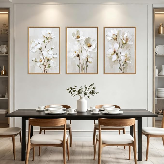 FWIEXA 3D Beige White Floral Canvas Wall Art,Neutral Flower Framed Wall Art Texture,Modern Abstract Botanical Paintings,16x24In Watercolor Minimalist Wildflower Artwork Magnolia Painting for Living Room,Bedroom,Office
