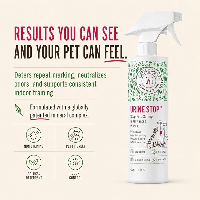 Cooper and Gracie Urine Stop Spray for Pets Odor Neutralizer Training Aid | Deters Repeat Marking, Neutralizes Odors, Supports Consistent Indoor Training, Plant-Based, Patented Mineral Complex, 400ml