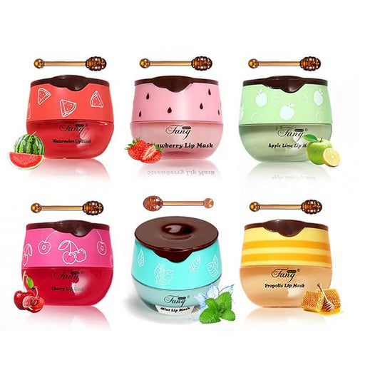 FYEBOO Fruit Lip Mask Set with Honey & Vitamin E, Moisturizing Overnight Treatment, Effective Reduces Lip Lines Prevention Dry and Cracked (6 Flavors)