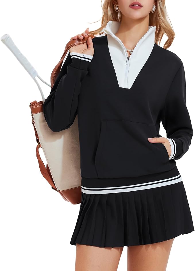 Airfree Women Two Piece Tennis Skirt Set Golf Outfits Half Zip Oversize Pullover Sweatshirt 2 Piece Skirt Sets with Pockets