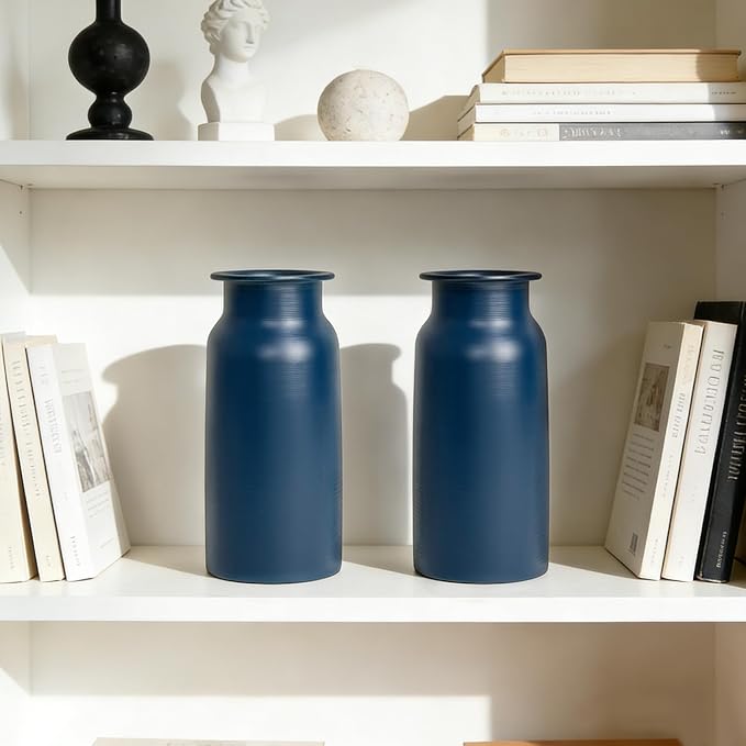 Set of 2 Navy Blue Seamless Metal Flower Vase, 10.8" Tall Modern Matte Blue Floral Vase Pair, Shatterproof Leakproof, Sophisticated Home Decor Centerpiece for Table, Mantle, Shelf