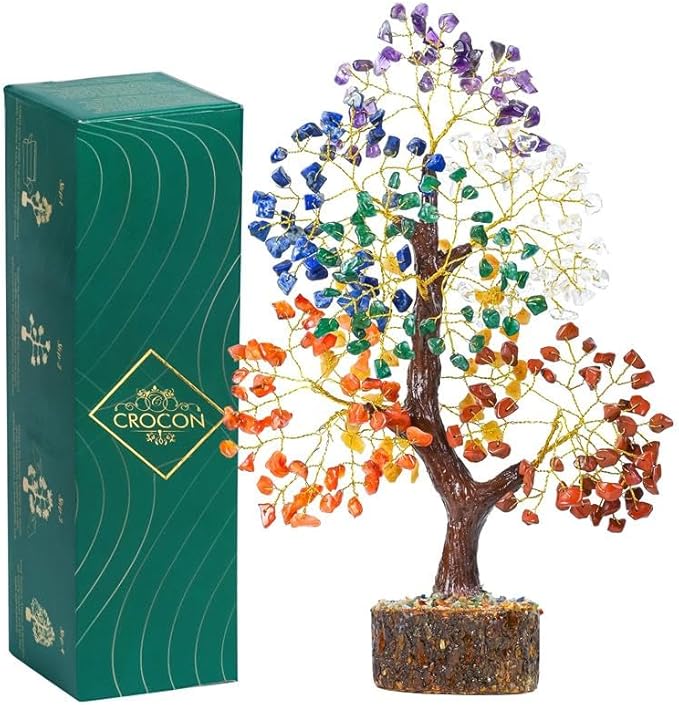 Crocon Natural Trunk 7 Chakra Healing Crystal Tree of Life Gemstone Tree for Good Luck, Positive Energy, Reiki Healing, and Home Office Room Decor Unique Gift for Women Mom & Sister for Birthday