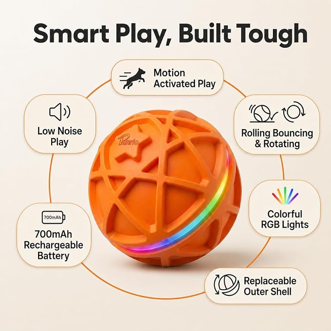 Interactive Dog Ball Toy,Motion-Activated,Rolling&Bouncing,RGB Light