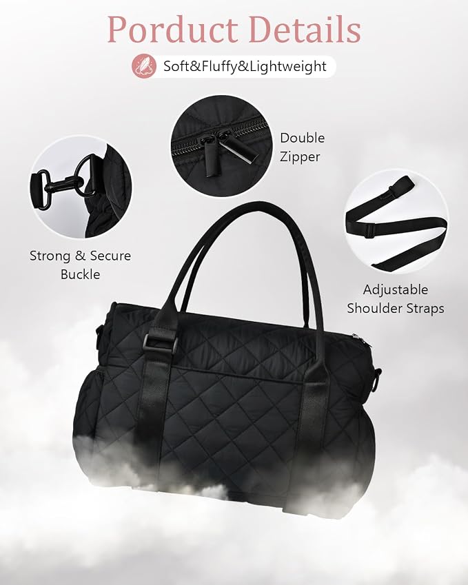 Gym Bag for Women with Yoga Mat Holder, Small Mini Gym Tote Bag Puffy Quilted Lightweight Sports Duffel Bag with Wet Compartment for Dance Yoga Workout Travel - Black