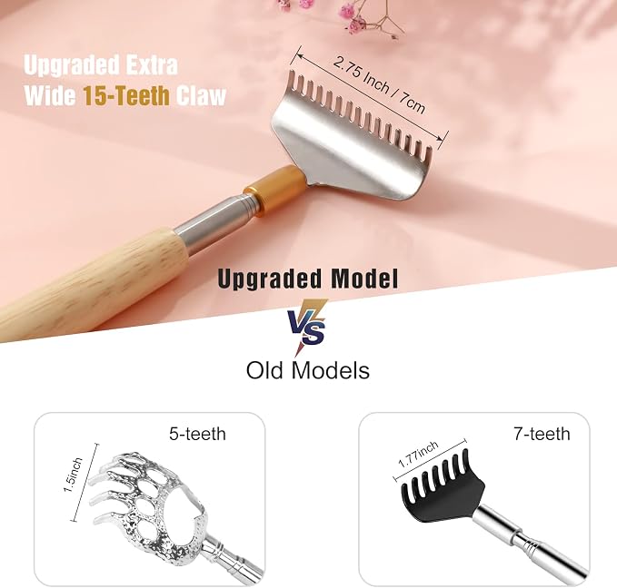 Oversize Back Scratcher Extendable, Backscratchers for Men Women with Wooden Handle/Steel Massage Roller/Wider Claw, Sturdy Manual Body Scratcher Massager