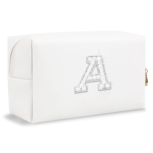 Bride Gifts – Personalized Initial Makeup Bag with Pearl Rhinestone Patch, Preppy White Monogram Cosmetic/Toiletry Pouch, bridesmaid Gifts, Bridal Shower Gifts, Wedding Gifts, Bridal Gifts,A