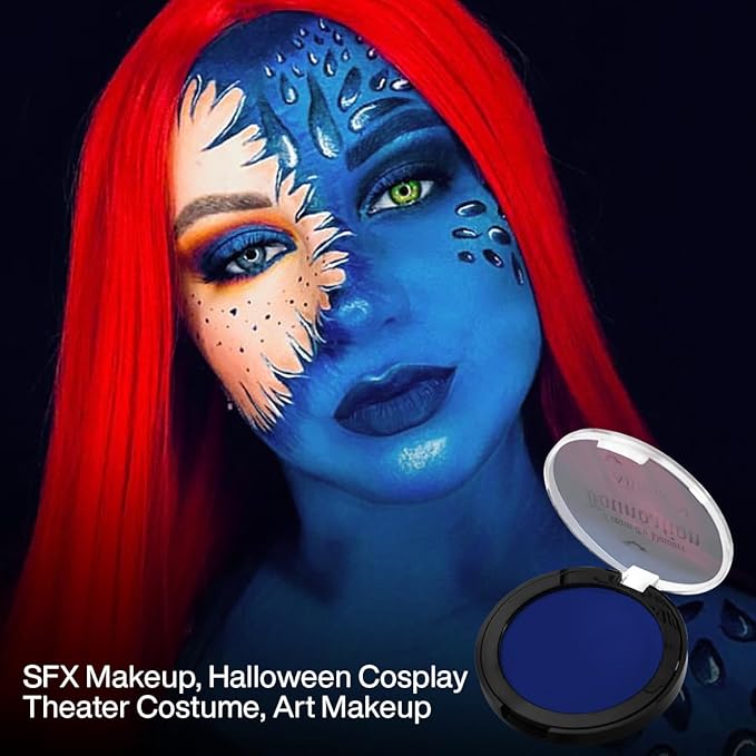 DE'LANCI Blue Face Makeup Foundation, Velcety Texture Blue Body Paint Matte Finish, Long-Lasting Waterproof Face Cream Greasepaint for Clown Avatar Vampire, Halloween Creepy Costume Makeup