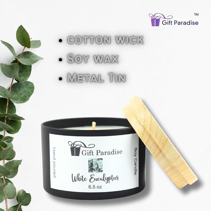 White Eucalyptus Soy Wax Candle in Black Metal Tin, 6.5 oz, Cotton Wick, Eucalyptus Mist, Fresh, Cooling Eucalyptus