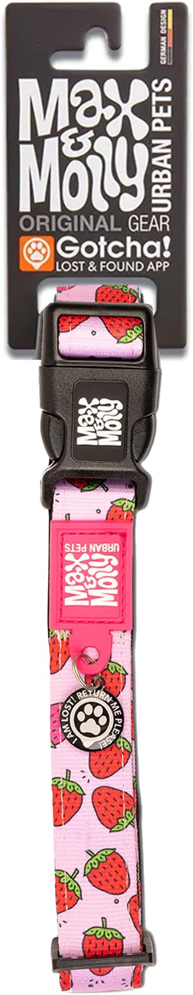 Max & Molly Urban Pets Smart ID Dog Collar with Gotcha! QR Pet Safety Tag and Custom Pet Profile, Soft Padded Neoprene, Waterproof, Machine Washable, Strawberries, M (13-21")