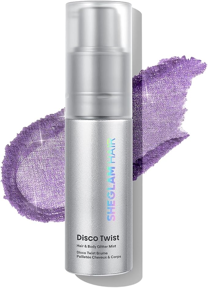 SHEGLAM Hair & Body Glitter Mist Spray - Shimmering Sparkle Makeup for Parties, Festivals, Cosplay, Halloween - Long Lasting, Non-Clogging, Easy Wash Off, 0.3 Fl Oz (Purple)