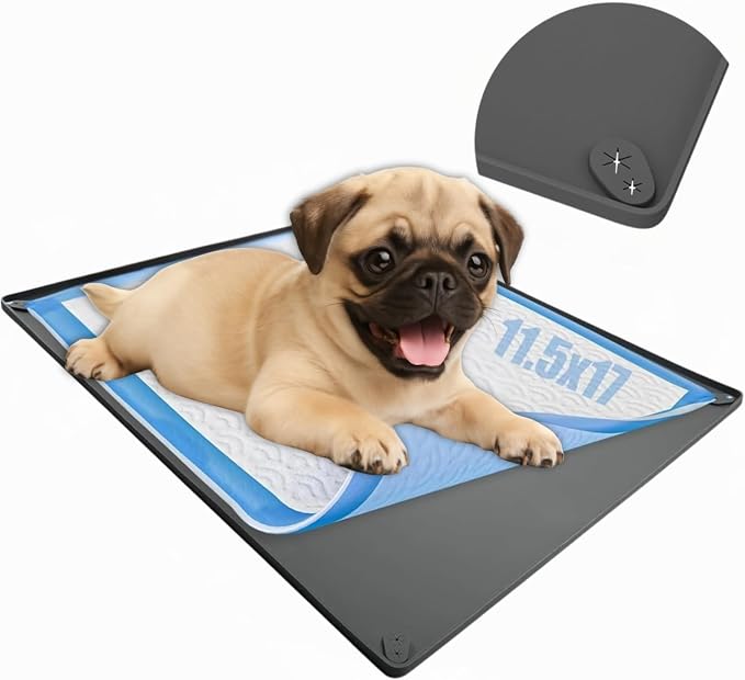 Dog Pee Pad Holder Tray Fits for 11.5” x 17” Pee Pads - 1 Pack - Grey | Corner Lock Holes, Raised Edges, Non-Spill, Easy to Clean Silicone Dog Potty Tray Holder, For Indoor Floor Protection