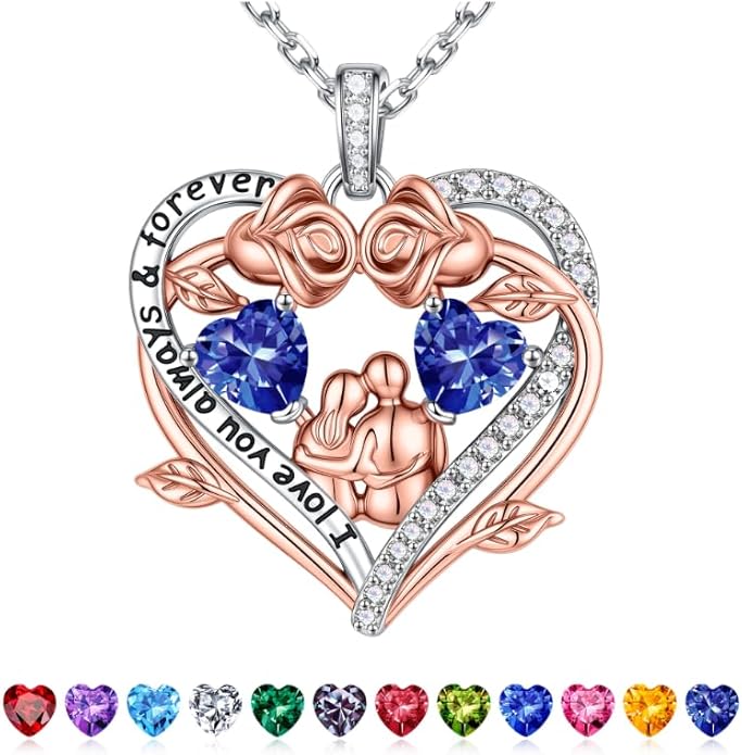 Iefil Valentines Gifts for Her Wife - 925 Sterling Silver Double Heart Birthstone Necklace, Anniversary Birthday Gifts for Women Wife Girlfriend