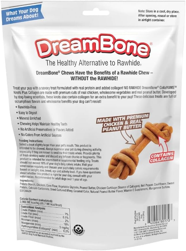 DreamBone CollaYUMS Knots Plus Collagen Chews for Dogs, 8 Count, Treat Your Dog to Rawhide-Free Chews Made with Chicken, Vegetables and Peanut Butter (Pack of 2)