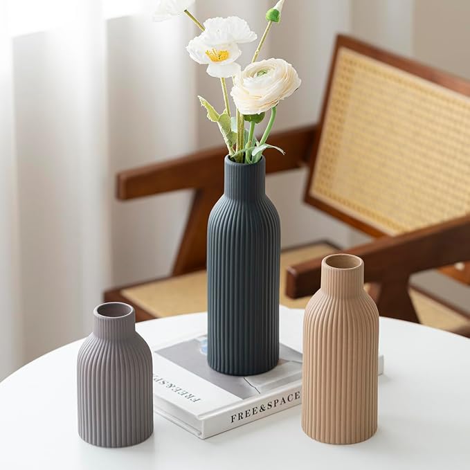 Modern Ceramic Vases Set of 3, Black Ribbed Decorative Vases, Shelf Table Centerpiece for Home Decor, Birthday Gifts for Women, Mom, Grandma Decorative (Black Mix)