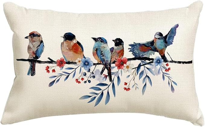 RABUSOFA 4th of July Memorial Day Patriotic Lumbar Throw Pillow Cover,12x20 Inch Red White and Blue Birds Flowers Independence Day American Fourth of July Decoration for Sofa Couch