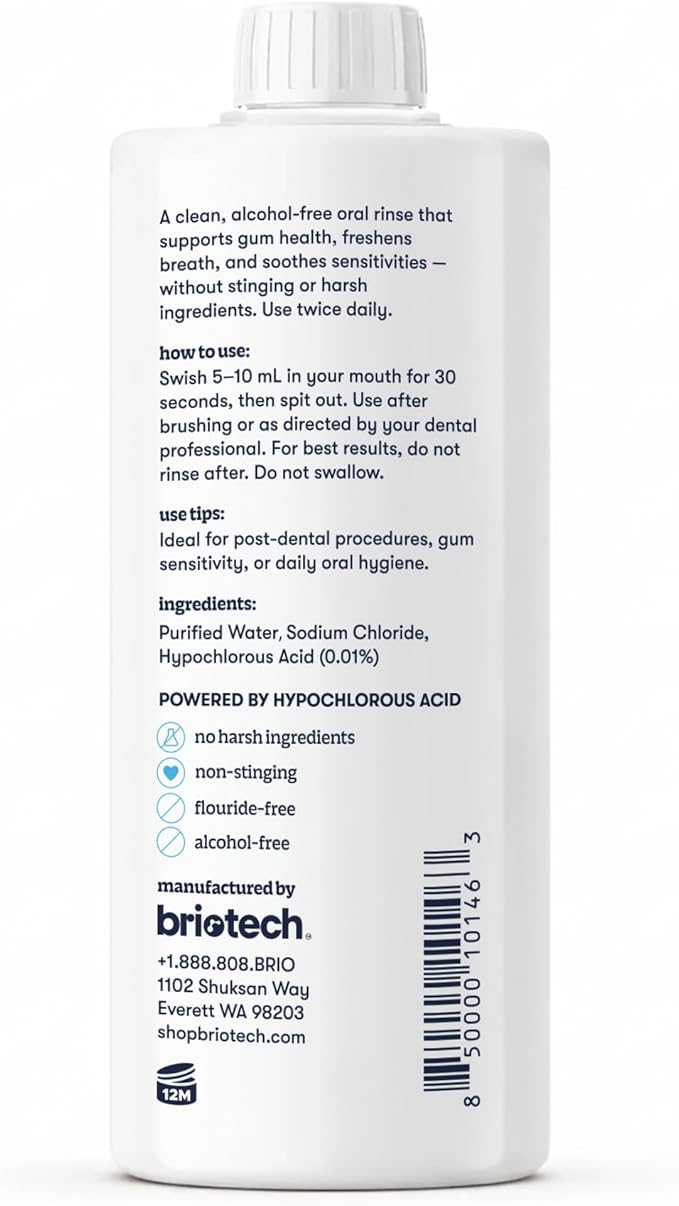 BRIOTECH Oral Swish, Hypochlorous Acid Mouthwash Rinse, Gentle Oral Care Hygiene, Fight Bad Breath, Support Against Plaque, Gum Irritation & Tender Gums, Alcohol & Fluoride Free, 32 fl oz (4 Pack)