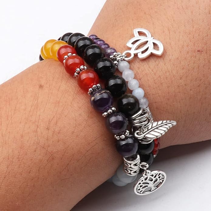 UEUC Tree of Life Yoga Healing Stone Bracelets,Multilayer Lotus Chakra Stone Reiki Bracelet Sets,Anxiety Crystal Natural Stone,for Women Stress Relief