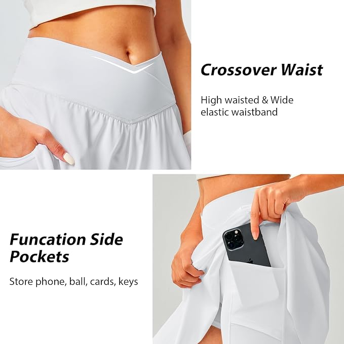 Womens Tennis Skirt Crossover High Waisted Skort with Pockets Shorts | Athletic Skirts for Golf Running Workout Pickleball, Aesthetic Activewear, Sporty Athleisure Style