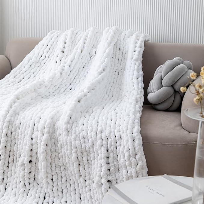 Soft Chunky Knit Throw Blanket for Couch, Cozy Warm Knitted Blankets | Hand Knit with Jumbo Chenille, Lightweight Warm Fluffy Decor for Women, Mom, Her & Girls, Sofa, Chair, Bed, 40"×40" (White)