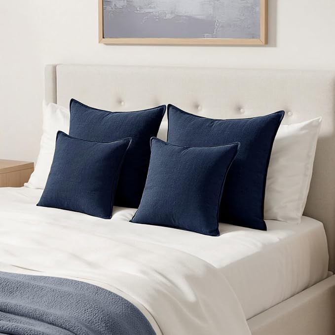 MIULEE Decorative Linen Pillow Covers 26x26 Inch Navy Blue | Boho Farmhouse Neutral Couch Throw Pillows for Bed, Pack of 2 Accent Coastal Modern Pillowcases, Sofa Livingroom Home Decor