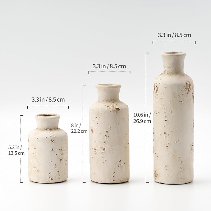 SIDUCAL Ceramic Rustic Farmhouse Vase Set of 3 | Whitewashed Terracotta Vase, Clay Decorative Vases for Home Decor, Living Room, Shelf, Mantel Decoration(Rustic White)