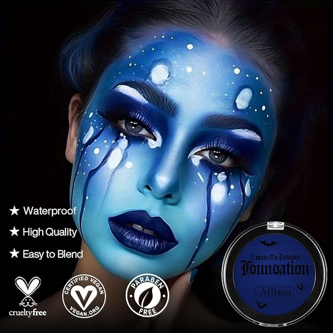 DE'LANCI Blue Face Makeup Foundation, Velcety Texture Blue Body Paint Matte Finish, Long-Lasting Waterproof Face Cream Greasepaint for Clown Avatar Vampire, Halloween Creepy Costume Makeup