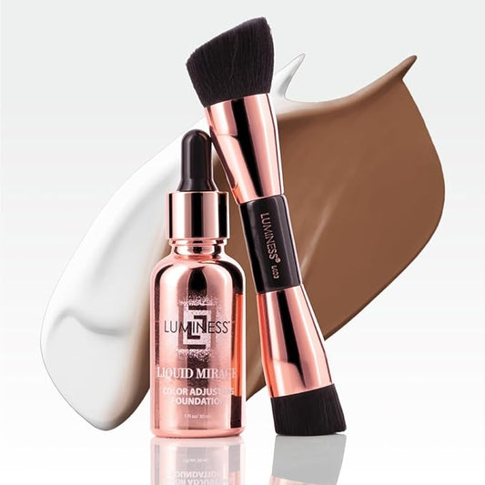 LUMINESS Liquid Mirage 3PC Kit - Color Changing Foundation with SPF 50 Primer & Makeup Brush, Hydrating & Lightweight Face Makeup, 4 in 1 Liquid Foundation, Concealer & Moisturizer (03 Deep)