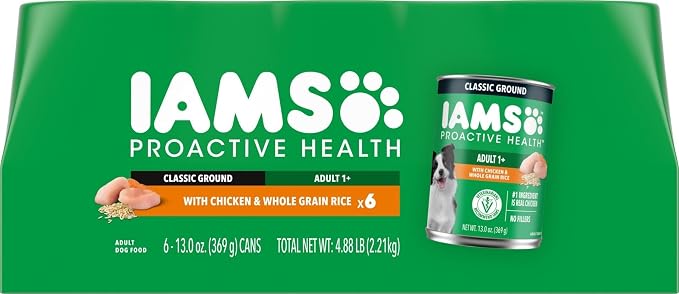 IAMS Proactive Health Ground Wet Dog Food, Chicken, 13 oz, 6-Pack | Made with real chicken, Omega-6 for skin & coat, no fillers or artificial flavors, 100% complete & balanced adult maintenance