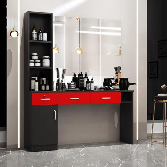 Paddie Barber Salon Station Wall Mount Hair Styling Salon Equipment Set Beauty Spa Furniture Set, Lockable Left Shelf, Mirror not Included (Red & Black)