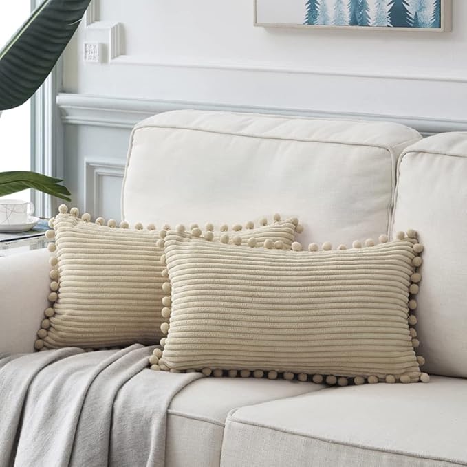 Fancy Homi Pack of 2 Tan Lumbar Decorative Throw Pillow Covers with Pom-poms, Soft Corduroy Solid Rectangle Cushion Cases Set for Couch Sofa Bedroom Car Living Room (12x20 Inch/30x50 cm, Beige)