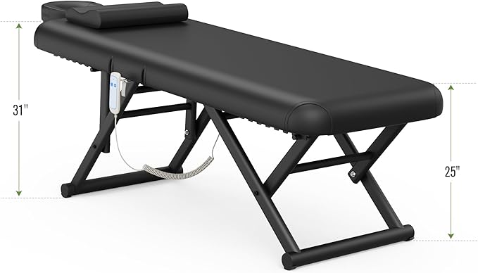 Electric Stationary Massage Table - Adjustable Massage Table with Manual Adjustable Backrest & Height, Treatment Tables with Electric Foot Lift, C-Shaped Pillow, Metal X-Frame, PU Leather for Beauty