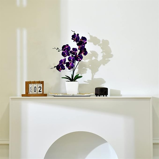 15" Silk Phalaenopsis Orchid in Square Pot, Dark Purple Flower Arrangements | Lifelike Faux Potted Blooms with Moss in a Ceramic Planter. Looks Real, Zero Upkeep, Ideal Centerpiece for Any Table