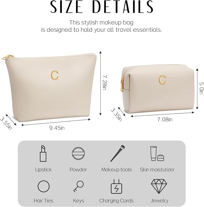 Women Gifts | Initial Makeup Bag for Girl Personalized Gifts for Bridesmaid Friend PU Leather Cosmetic Travel Toiletry Bag(Beige,C)