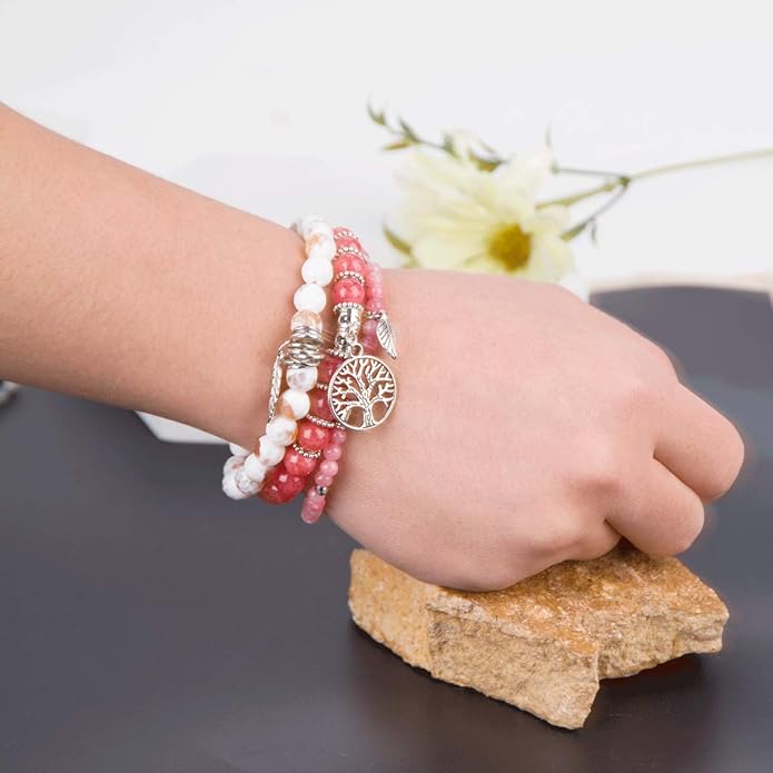Jardme Healing Crystal Bracelets for Women, 8mm Beaded Natural Stone Stretch Chakra Bracelets Tree of Life Bracelet Jewelry Gifts for Women