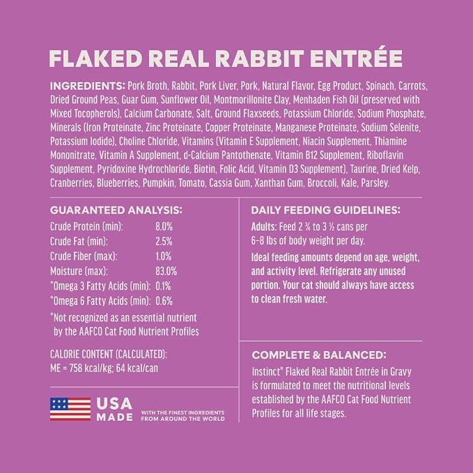 Instinct Flaked Entrees, Wet Canned Cat Food, Rabbit, 3 oz. (24 Count) | Tender flaked cuts in savory gravy, high protein, real rabbit, whole-food ingredients, grain-free, hydration support