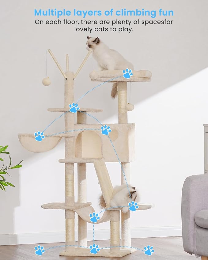Hey-brother Cat Tree Tower with Padded Platform Bed, Hammock, MPJ019-SM | 53 Inches Cat House with Large Cozy Condo, Toy Balls and Sisal Scratching Posts for Indoor Multi-Cats, Beige