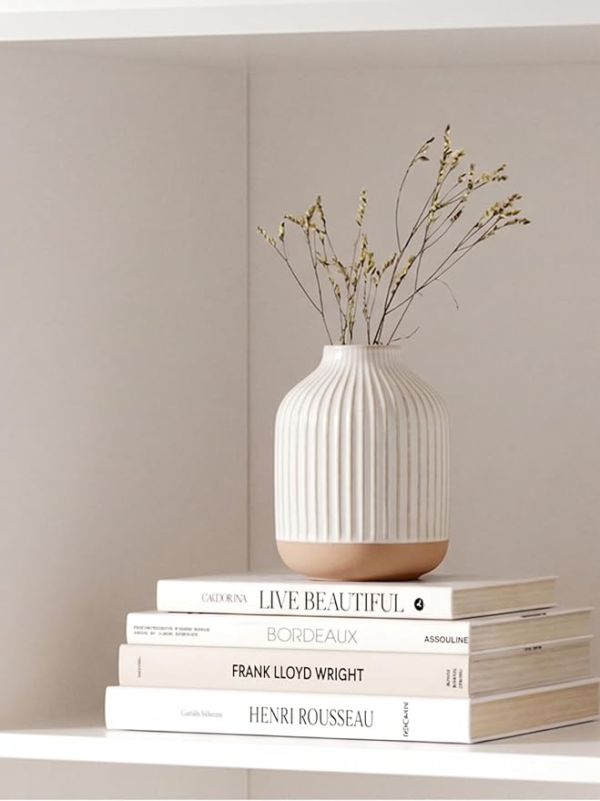 Boho Farmhouse Small Ceramic Vase for Pampas Grass & Flowers - 5.3 Inch Rustic White Vase, Centerpiece for Eucalyptus, Tiny Stems & Bouquets with Embossed Lines