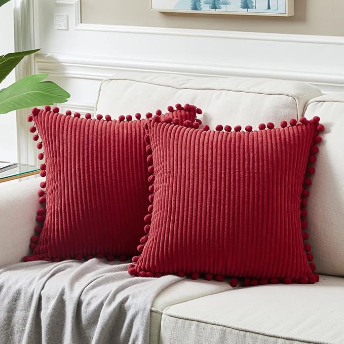 Fancy Homi 2 Packs Burgundy Decorative Throw Pillow Covers 20x20 Inch with Pom poms, Christmas Home Decor, Soft Corduroy Accent Square Cushion Case for Living Room Couch Bed Sofa 50x50 cm