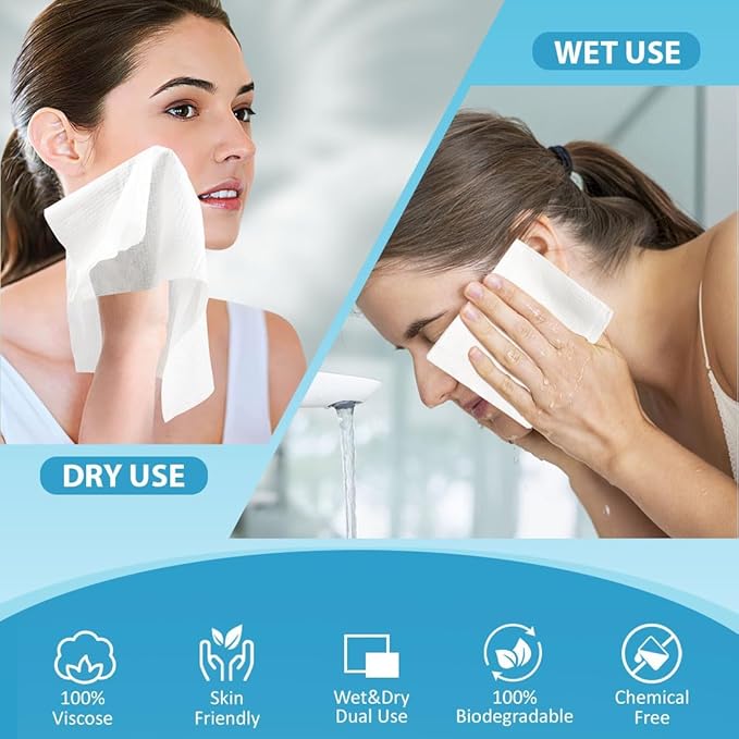 HOMEXCEL Face Towels, 100 Count (2 Box) Disposable Face Towelettes, Biodegradable Makeup Remover Dry Wipes, Super Soft Clean Facial Towels Wash Cloth for Sensitive Skin